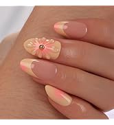 Mivota Almond Press On Nails Floral– French Tip Yellow Pink Gradient with 3D Flowers & Gold Studs...