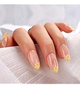 Yellow French Tip Press-On Nails with White Daisy Design, Almond Shape, Glossy Reusable Fake Nail...