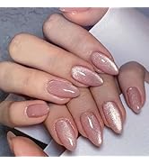 Cat Eye Press on Nails Almond Medium Fake Nails with Designs Pink Nails Press ons Glossy Glue on ...