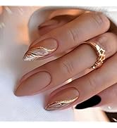 Brown Glitter Lines Press on Nails Medium Almond Fake Nails Lake Smudge Designs False Nails Marbl...