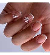 Summer Press On Nails Short Square Nude Fake Nails with White French Tips Delicately Adorned with...