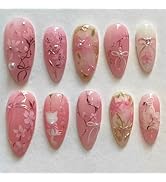 30Pcs Pink Flower Press on Nails Medium Almond Fake Nails Gilding Peach Blossom with Gems Design ...
