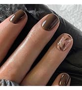 Brown Press On Nails Short Square 24pcs, Nude Coffee False Nails with Gold Leaf Design, Glossy Ac...