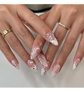 Medium Almond Press on Nails French Tip Fake Nails with Design Sliver Bow Glue on Nails 3D Water ...