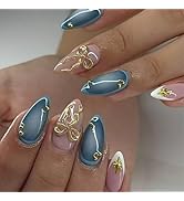24Pcs Fall French Tip Press on Nails Almond Medium Fake Nails with Golden Bow Steel Ball Design B...