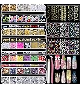 Teenitor Nail Charms and Gems Nail Art Tools, 6 Boxes 3D Nail Gems with 15 Sheets Nail Stickers f...
