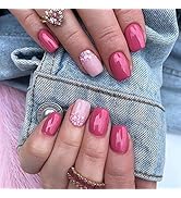 24 Pcs Square Press on Nails Short, Full Cover Short Fake Nails Glossy Pink Stick on Nails French...