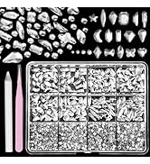 1980Pcs White Nail Crystals Gems Kit, Silver Crystal Nail Rhinestones Multi Shapes Rhombus Oval W...