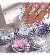 SONGJIE Holographic Mermaid Nail Sequins,6 Jars Chunky Glitter Colorful Fluorescent Glass Paper I...