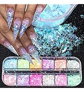SONGJIE 12 Grids Nail Foil Flakes, Holographic Nail Foil Flakes Confetti Glitter Gold Silver, Iri...