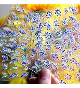 Flower Nail Art Stickers Blue Butterfly Nail Decals 5D Embossed Nail Stickers with Pink Flower De...