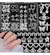 72Pcs 3D Silver Nail Charms Gems Set, Shiny Luxury Rhinestones Nail Gems+Bows Cross Crown Alloy N...