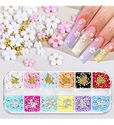 12 Grid 3D Flowers Nail Charms Acrylic Colorful Flowers Nail Art Rhinestones Gold and Silver Pear...