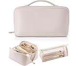 Vlando Large Capacity Travel Makeup Bag - Makeup Bag Travel Toiletry Bag for Women, PU Leather Waterproof Cosmetic Bag, Beige