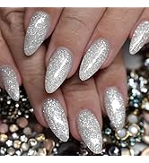 Silver Glitter Press on Nails Medium Almond Fake Nails Finish Full Cover Acrylic False Nails with...