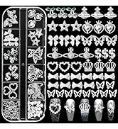 50Pcs Silver Nail Charms Gems Set, Silver Planet Cherry Butterfly Dollar Crown Star Heart Nail Rh...