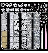 3 Boxes Nail Charms, White Bows Heart Flowers Star Acrylic Nail Art Charms and Nail Gems, Crystal...