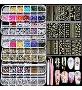 Teenitor Nail Charms Nail Art Kit with 15 Sheets Gold Nail Stickers, 6 Boxes of Nail Gems Nail Ar...