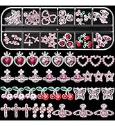 36Pcs Alloy Rhinestones for Nails, Assorted Planet Cherry Heart Cute Nail Gems, Silver Butterfly ...