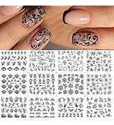 Black Flowers Nail Stickers, Floral Nail Art Decal 3D Self Adhesive Black Lace Retro Flower Vine ...