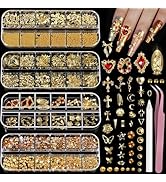 Teenitor Gold Nail Charms and Gems Set, 4 Boxes Nail Gems Nail Pearls Nail Art Tools, 3D Cross Na...