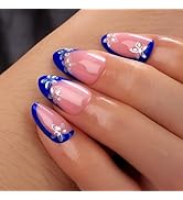Blue French Tip Press-On Nails with 3D Flower Design, Almond Shaped Fake Nails, Glossy Reusable S...