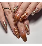Fall Maple Leaf Nails - Brown Gradient, 24pcs Press Ons with Glossy Finish, Perfect for Thanksgiving