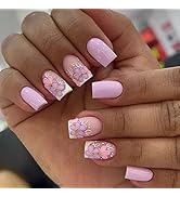 Square Press on Nails Medium Fake Nails Purple False Nails with 3D Flower Design Glue on Nails Gl...