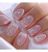 Chrome Plating French Press on Nails Short Square Fake Nails Naked Pink False Nails Glossy Glue o...