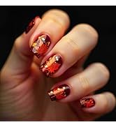 Thanksgiving Stick on Nail 24Pcs Maple Leaf Press on Nails Fall Leaves Press ons Fingernails Glos...