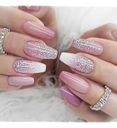 Coffin Press on Nails Medium False Nails with Glitter Designs Gradient Fake Nails Cute Nails Pres...