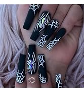 Halloween Press on Nails Long Coffin Fake Nails with Rhinestones Spider & Spider Web Desings Matt...