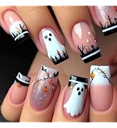24 Pcs Halloween Press on Nails Medium Square Nail Tips,YEFIUO Acrylic Nail Kit Ombre French Fake...