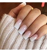 KQueenest Ombre Pink Press on Nails Short Medium Square Glue on Nails White and Pink, French Fake...