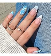Summer Almond Medium Press on Nails with 3D Flower Shell Designs Nude Nails Press ons Glossy Glue...