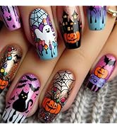 Halloween Press on Nails Medium Coffin Fake Nails with Pumpkin Ghost Bat Spider Web Cat Designs G...