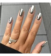 Silver Chrome Press on Nails Short Square Fake Nails Metallic False Nails Mirror Silver Acrylic N...