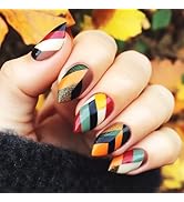 Autumn Press on Nails Fall Stick on Nail 24Pcs Thanksgiving Press ons Fingernails Glossy Gold Gli...