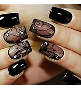 24 pieces of black push-on short square false nails for summer black vine flowers full coverage g...