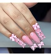 Long Press on Nails Square Fake Nails Pink Nails Press ons Glossy Glue on Nails Cute False Nails ...