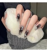 Star Press on Nails Medium Coffin Shaped Fake Nails Black Gradient Glue on Nails with Silver Grey...