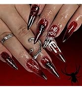 Long Stiletto Press on Nails Halloween Wine Red Fake Nails with Design Black French Tip False Nai...