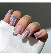Mivoa Almond Press On Nails Medium, 24PCS Iridescent Mermaid Scale Acrylic Fake Nails with Glue K...