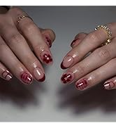 Short Oval Press on Nails Almond Fake Nails with Designs Brown Red French Tip False Nails Leopard...