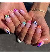Short French Tip Press on Nails Almond Shape Fake Nails with Colorful Crocodile Print Pattern Des...