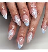 Blue French Tip Almond Press On Nails with Glue, Acrylic Butterfly Pearl Fake Nails for Women, El...