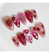 24 Pcs Red Press on Nails Short Almond Nail Tips,YEFIUO Acrylic Nail Kit Fake Nails Press ons Glu...