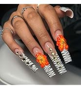Long Press on Nails Square Fake Nails with Design White French Tip False Nails Rhinestone Flower ...