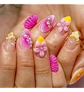 Medium Press on Nails Almond Fake Nails French Tip False Nails with 3D Flower Design Glue on Nail...