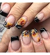 French Tips 24pc Fall Thanksgiving Acrylic False Nails, Short Square Glossy Yellow Maple Leaves, ...